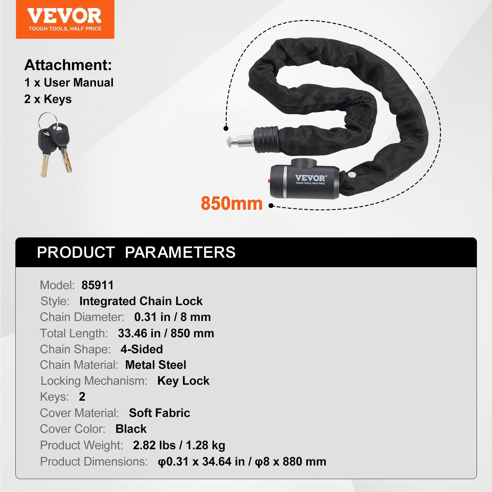 Bike Chain Lock 2.79 Ft 8mm Heavy Duty Combination Lock with 2 Keys for Security