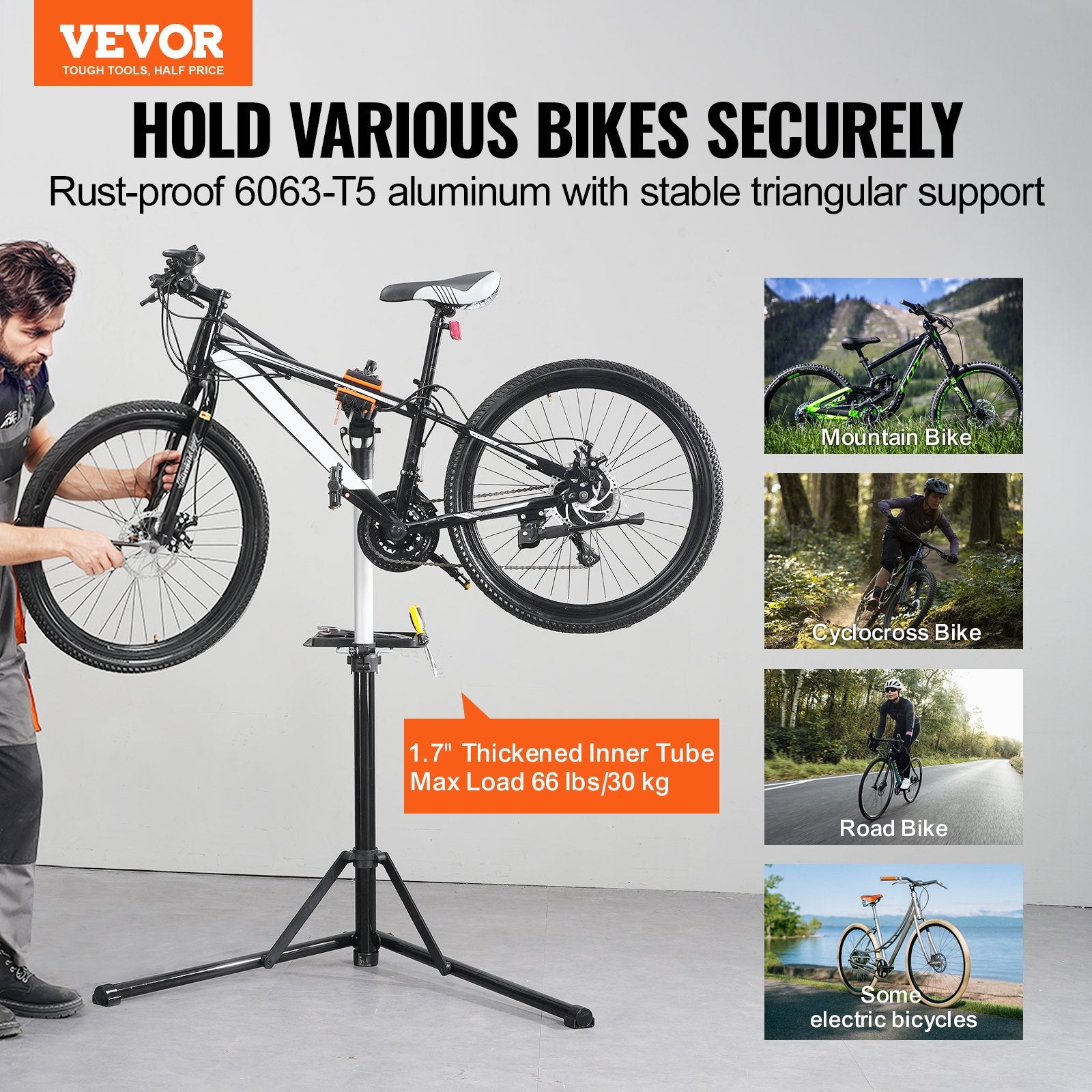 Bike Repair Stand 66lbs Heavy-Duty Aluminum Adjustable Foldable with Tool Tray