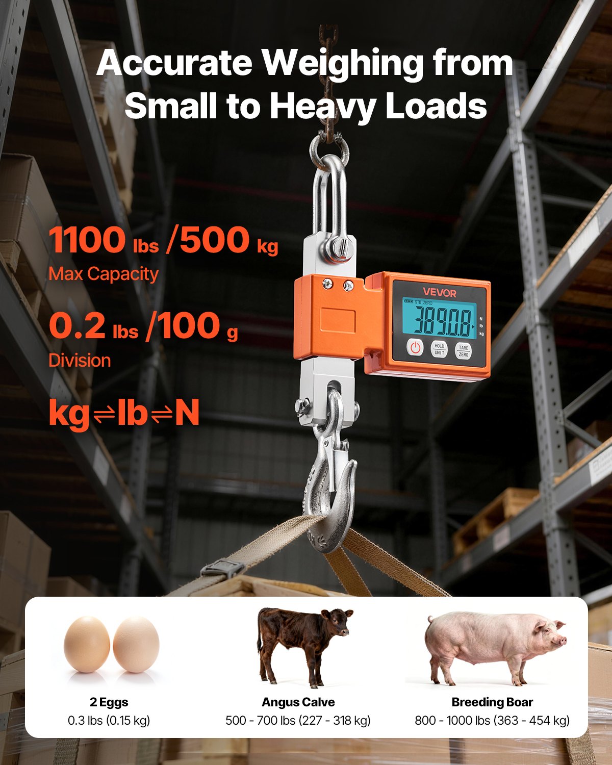 Digital Crane Scale 1100lbs/500kg Industrial Hanging with LCD Cast Aluminum