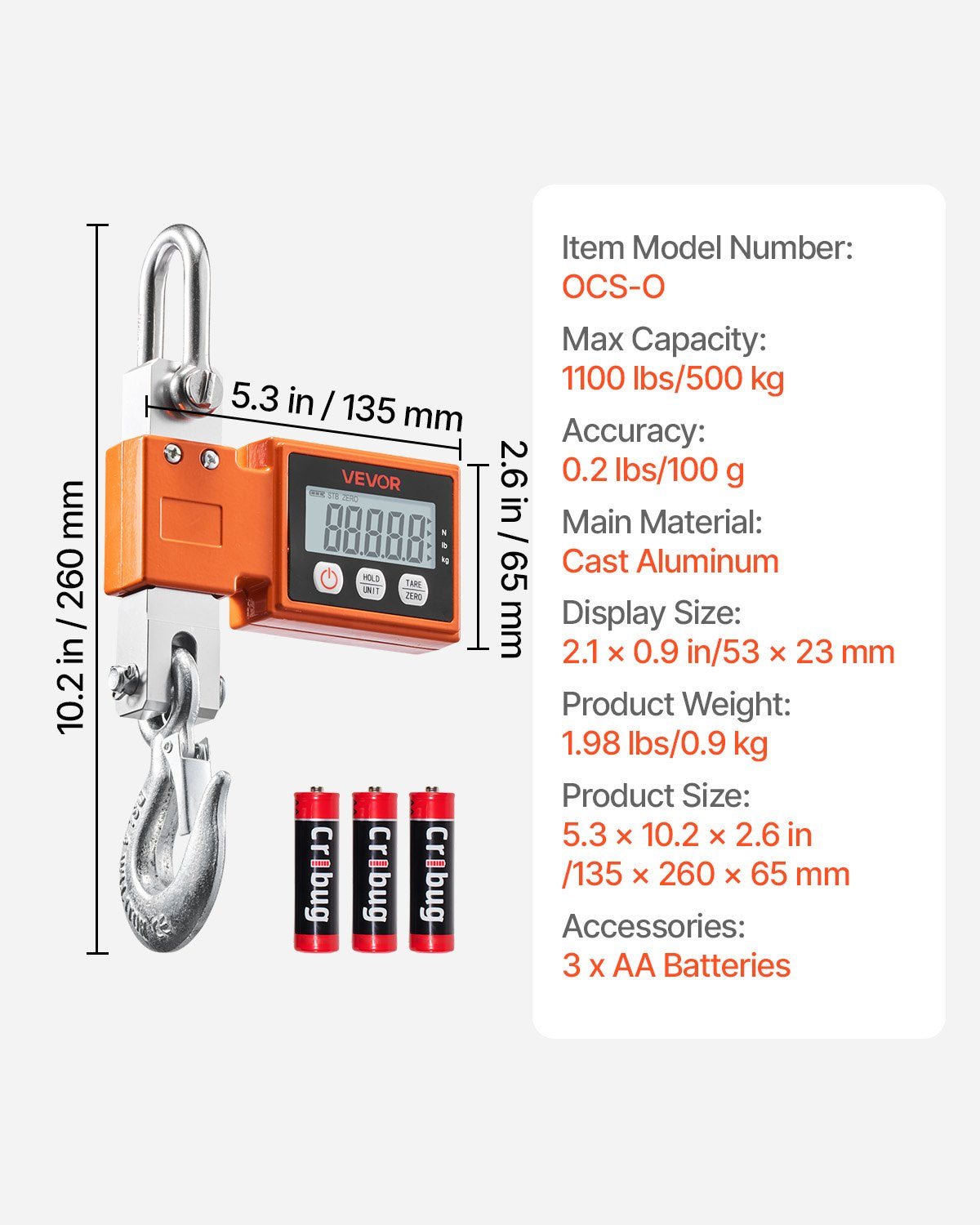 Digital Crane Scale 1100lbs/500kg Industrial Hanging with LCD Cast Aluminum