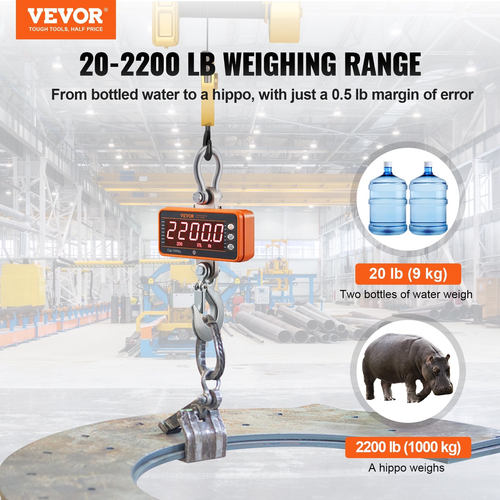 Digital Crane Scale, 2200 lbs/1000 kg Heavy-Duty Hanging Scale with LED & Remote