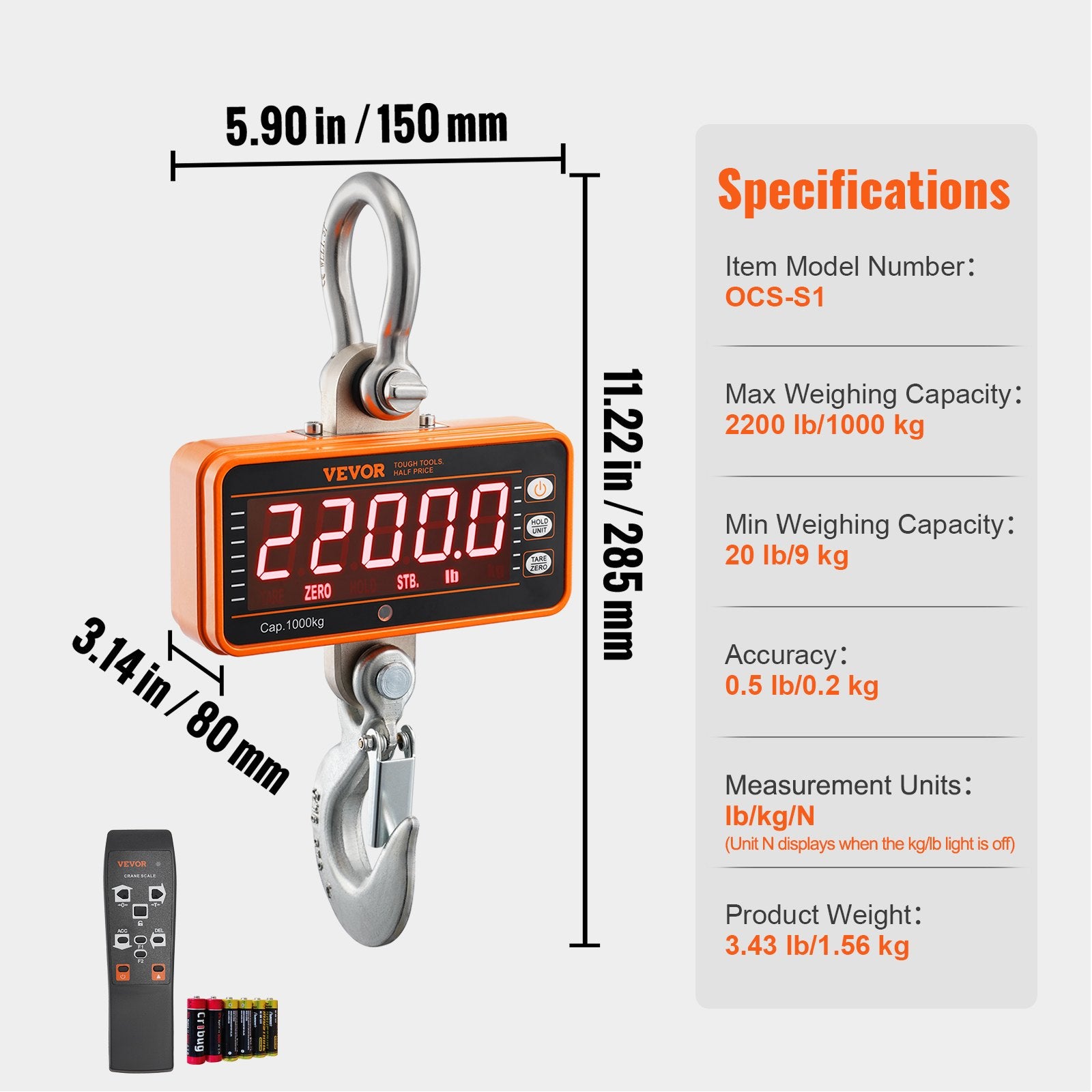 Digital Crane Scale, 2200 lbs/1000 kg Heavy-Duty Hanging Scale with LED & Remote