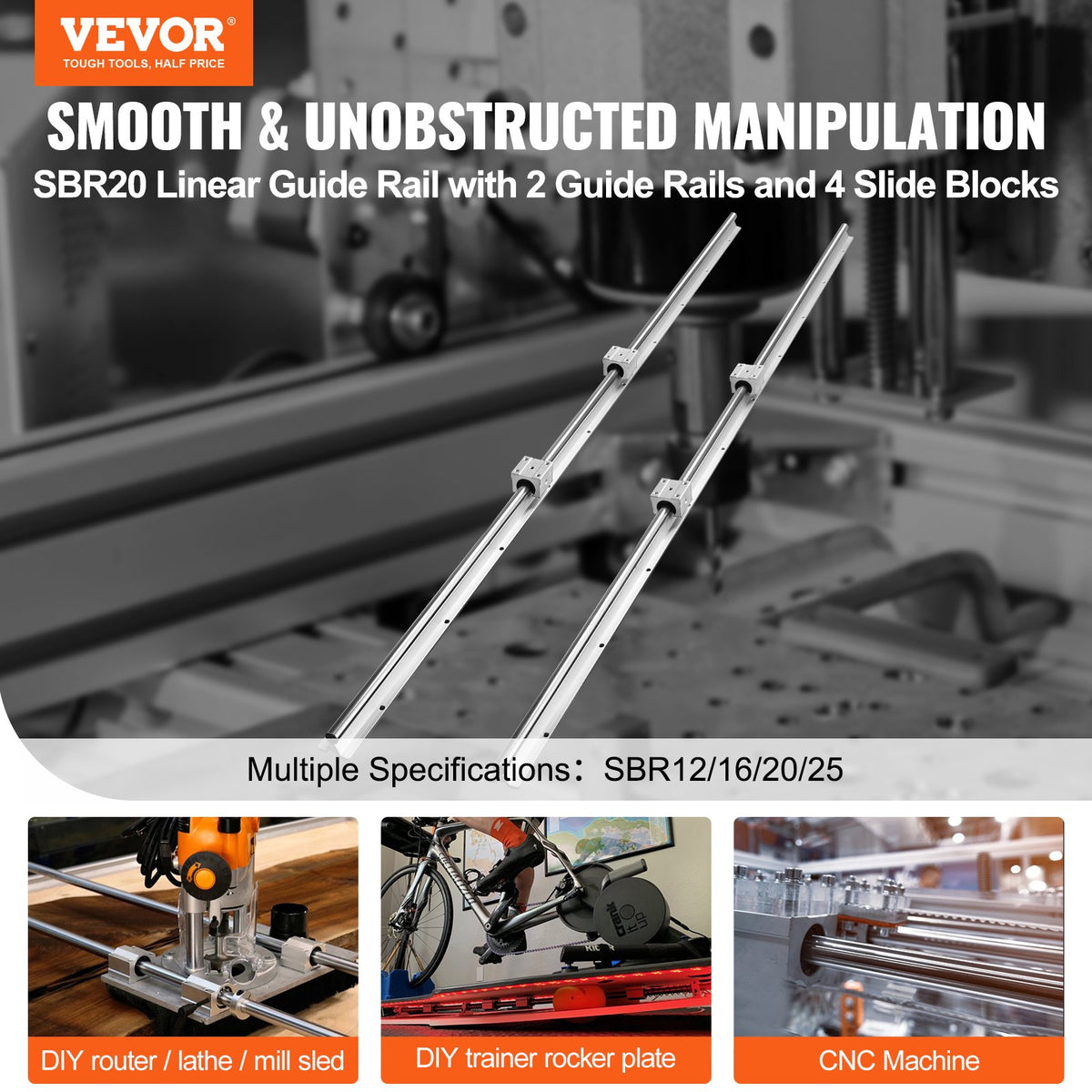 Linear Guide Rail Set SBR20 1500mm 2 Rails 4 SBR20UU Slide Blocks