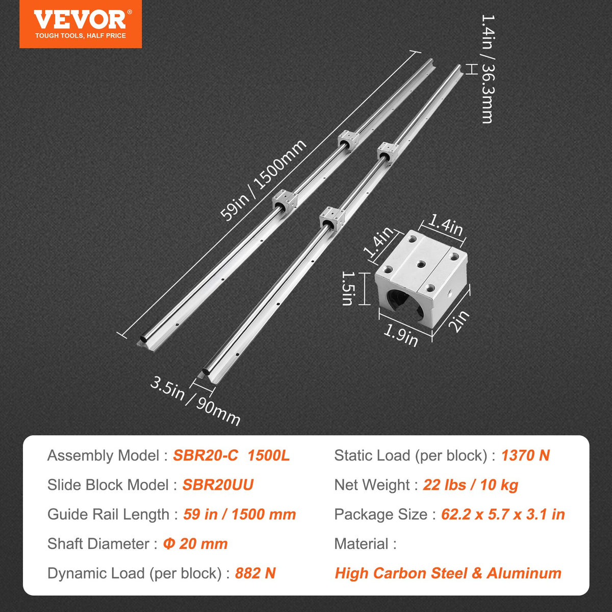 Linear Guide Rail Set SBR20 1500mm 2 Rails 4 SBR20UU Slide Blocks