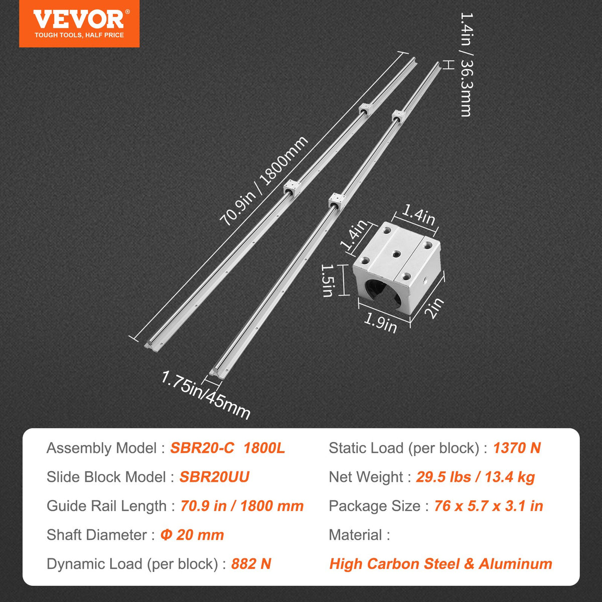 Linear Guide Rail Set SBR20 1800mm 2 Rails 4 SBR20UU Slide Blocks CNC Machine