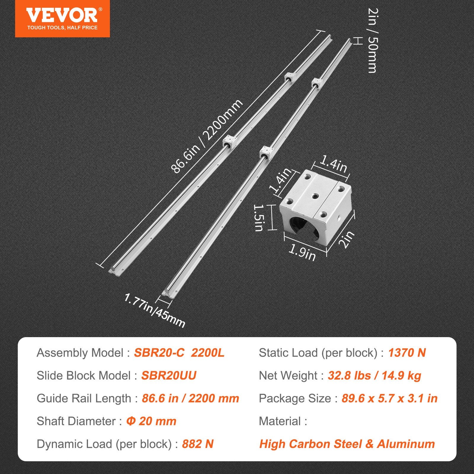 Linear Guide Rail Set SBR20 2200mm 2 Rails 4 SBR20UU Slide Blocks CNC