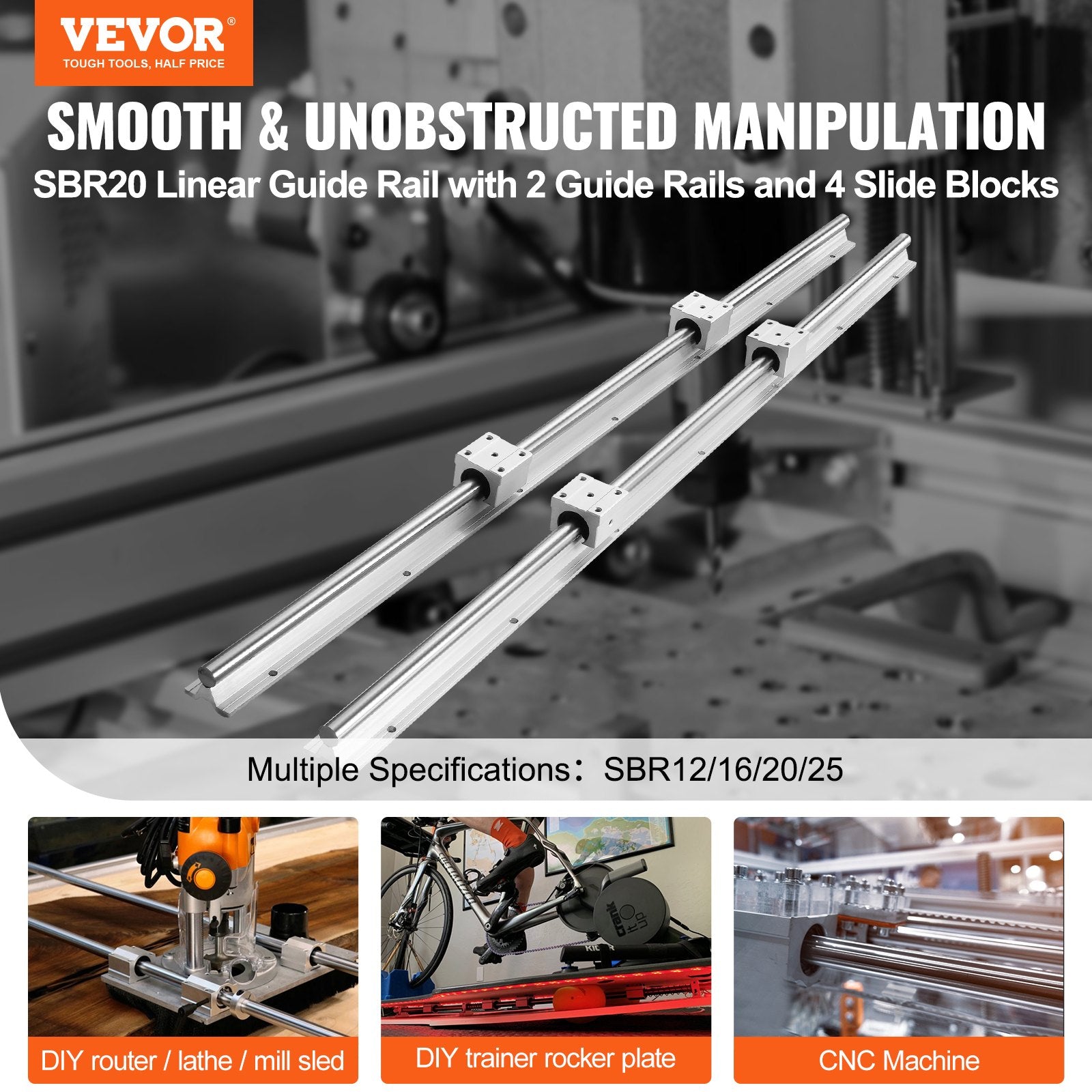 Linear Guide Rail Set SBR20 800mm 2 Rails 4 SBR20UU Slide Blocks