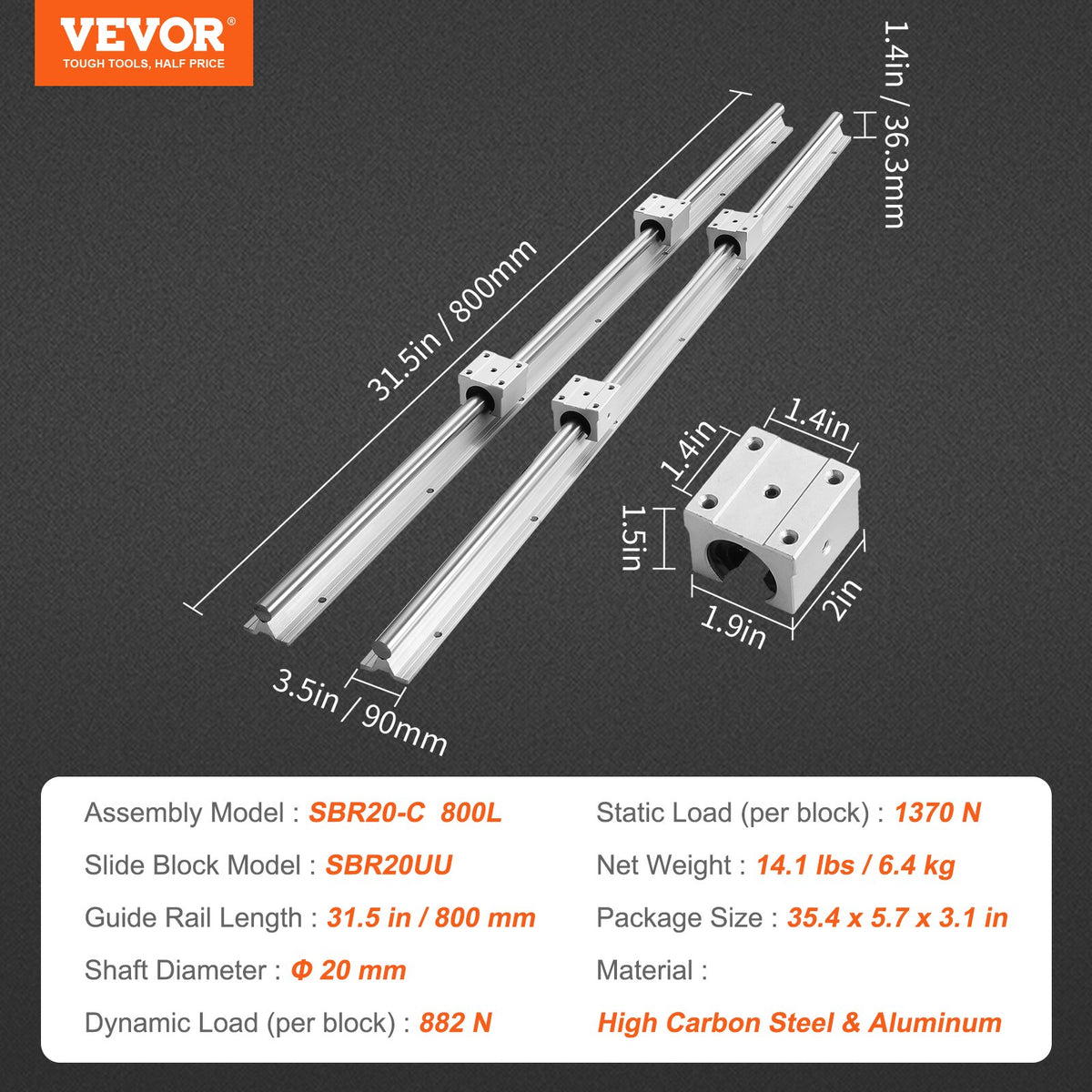 Linear Guide Rail Set SBR20 800mm 2 Rails 4 SBR20UU Slide Blocks