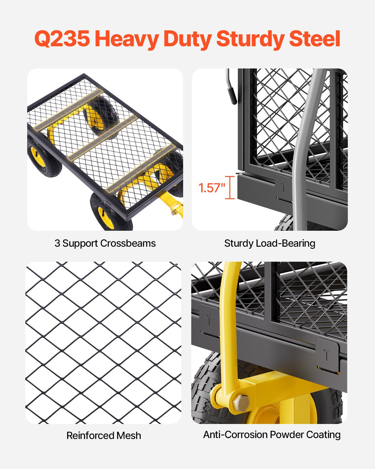 Steel Garden Cart Heavy Duty Pullable Wagon Mesh Sides 500lbs