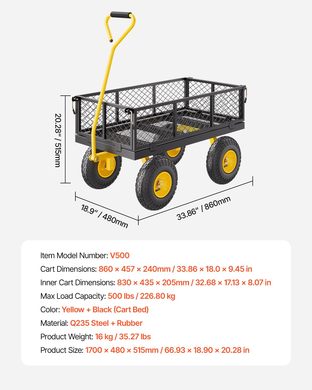Steel Garden Cart Heavy Duty Pullable Wagon Mesh Sides 500lbs