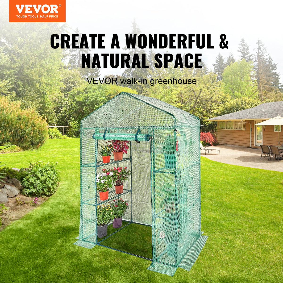 Walk-in Green House 4.6x2.4x6.7ft with Shelves PE Cover Doors Windows Frame
