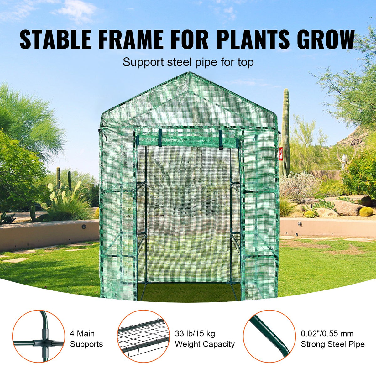 Walk-in Green House 4.6x2.4x6.7ft with Shelves PE Cover Doors Windows Frame