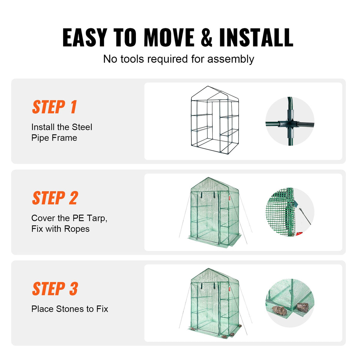 Walk-in Green House 4.6x2.4x6.7ft with Shelves PE Cover Doors Windows Frame