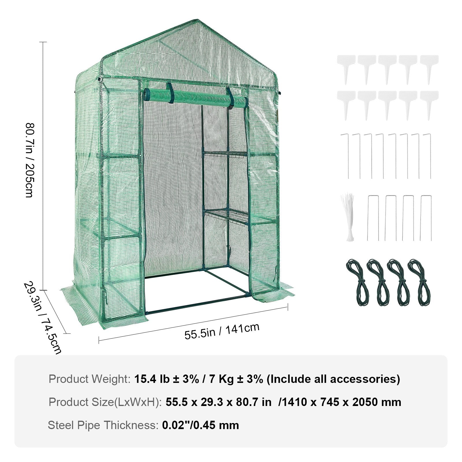 Walk-in Green House 4.6x2.4x6.7ft with Shelves PE Cover Doors Windows Frame