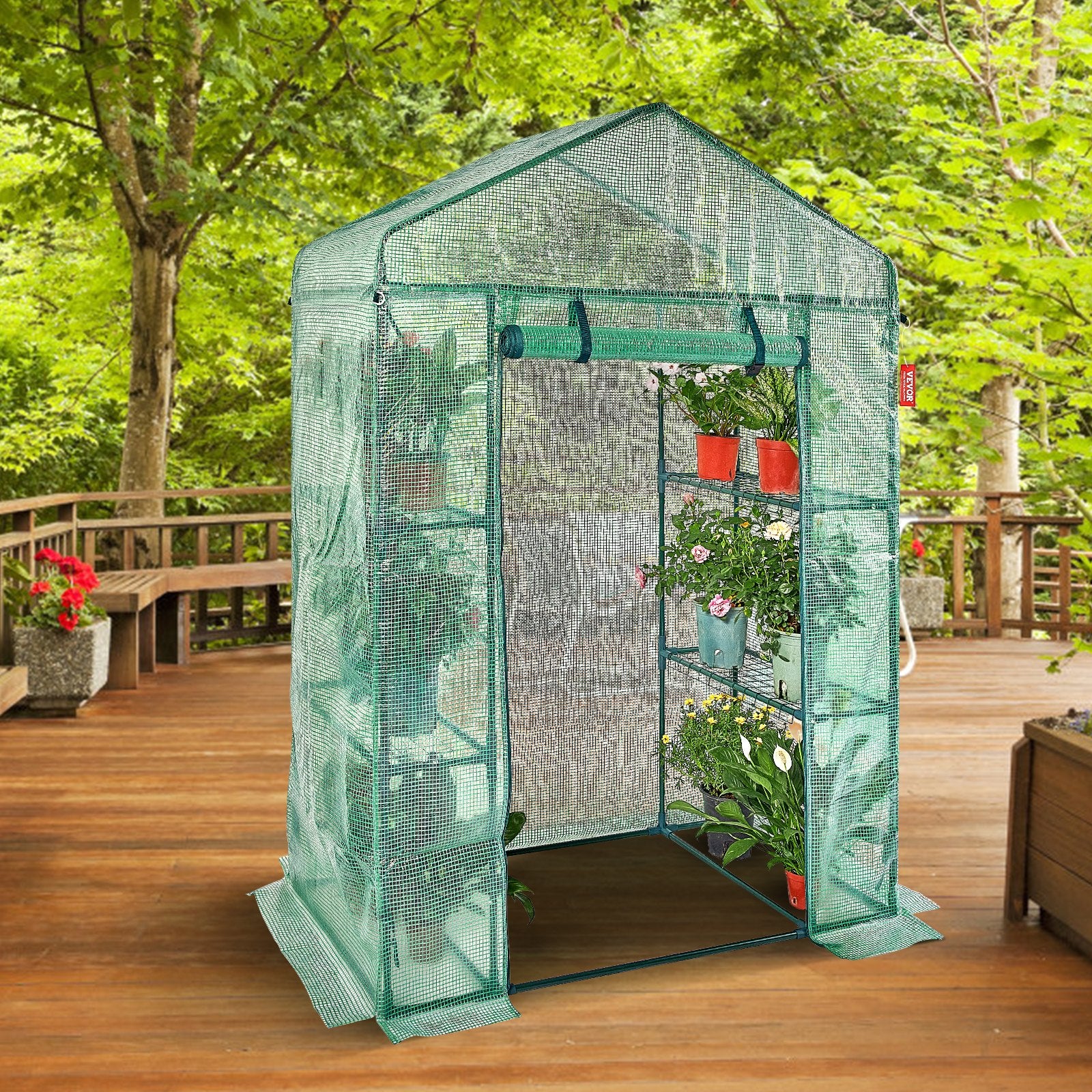 Walk-in Green House 4.6x2.4x6.7ft with Shelves PE Cover Doors Windows Frame