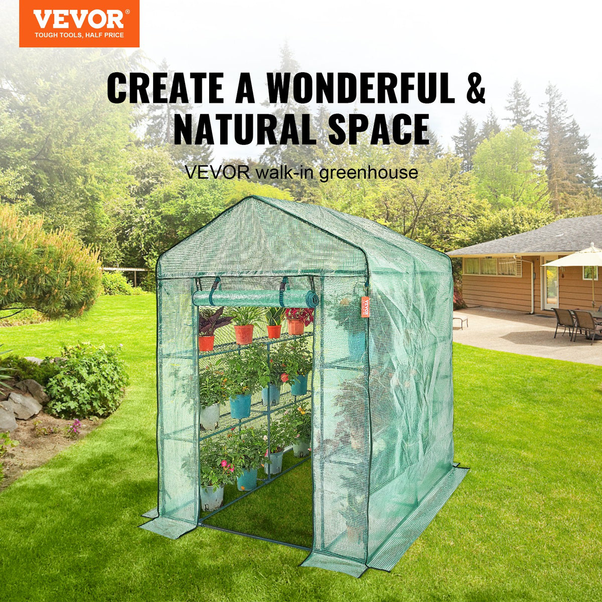 Greenhouse Walk-in with Shelves PE Cover Steel Frame Doors Windows Easy Setup