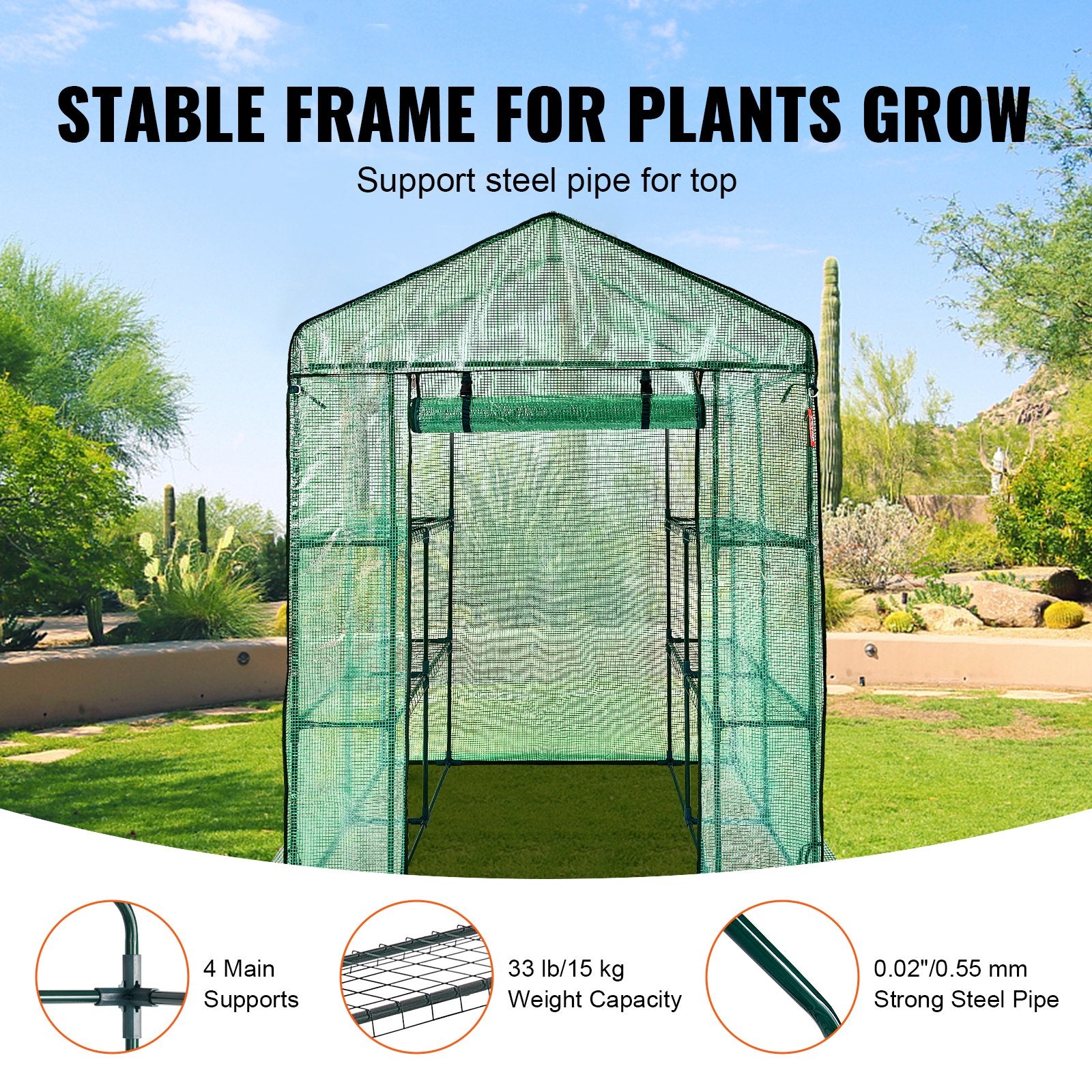 Greenhouse Walk-in with Shelves PE Cover Steel Frame Doors Windows Easy Setup