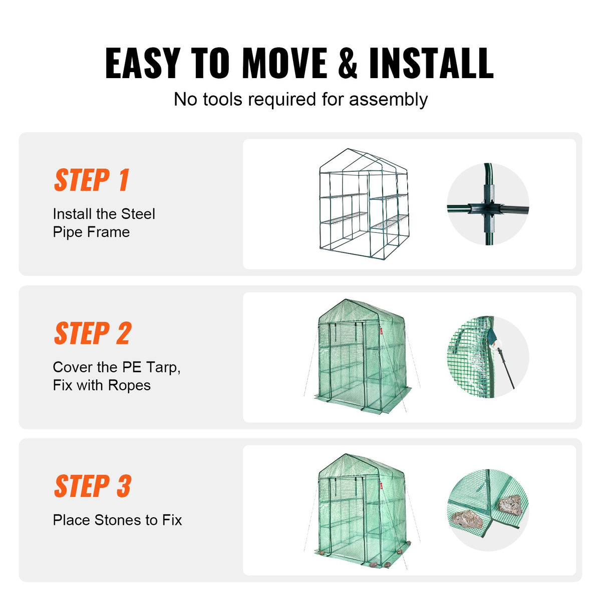 Greenhouse Walk-in with Shelves PE Cover Steel Frame Doors Windows Easy Setup