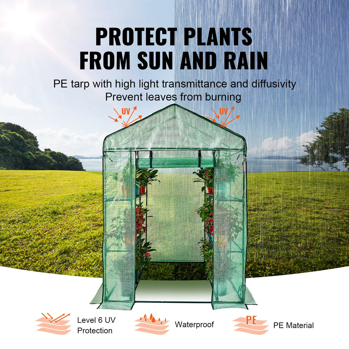 Greenhouse Walk-in with Shelves PE Cover Steel Frame Doors Windows Easy Setup