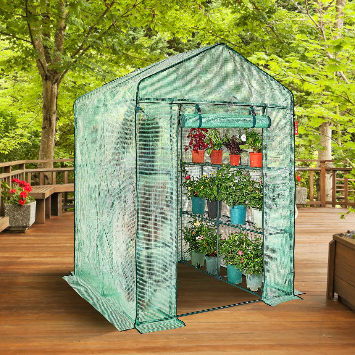 Greenhouse Walk-in with Shelves PE Cover Steel Frame Doors Windows Easy Setup