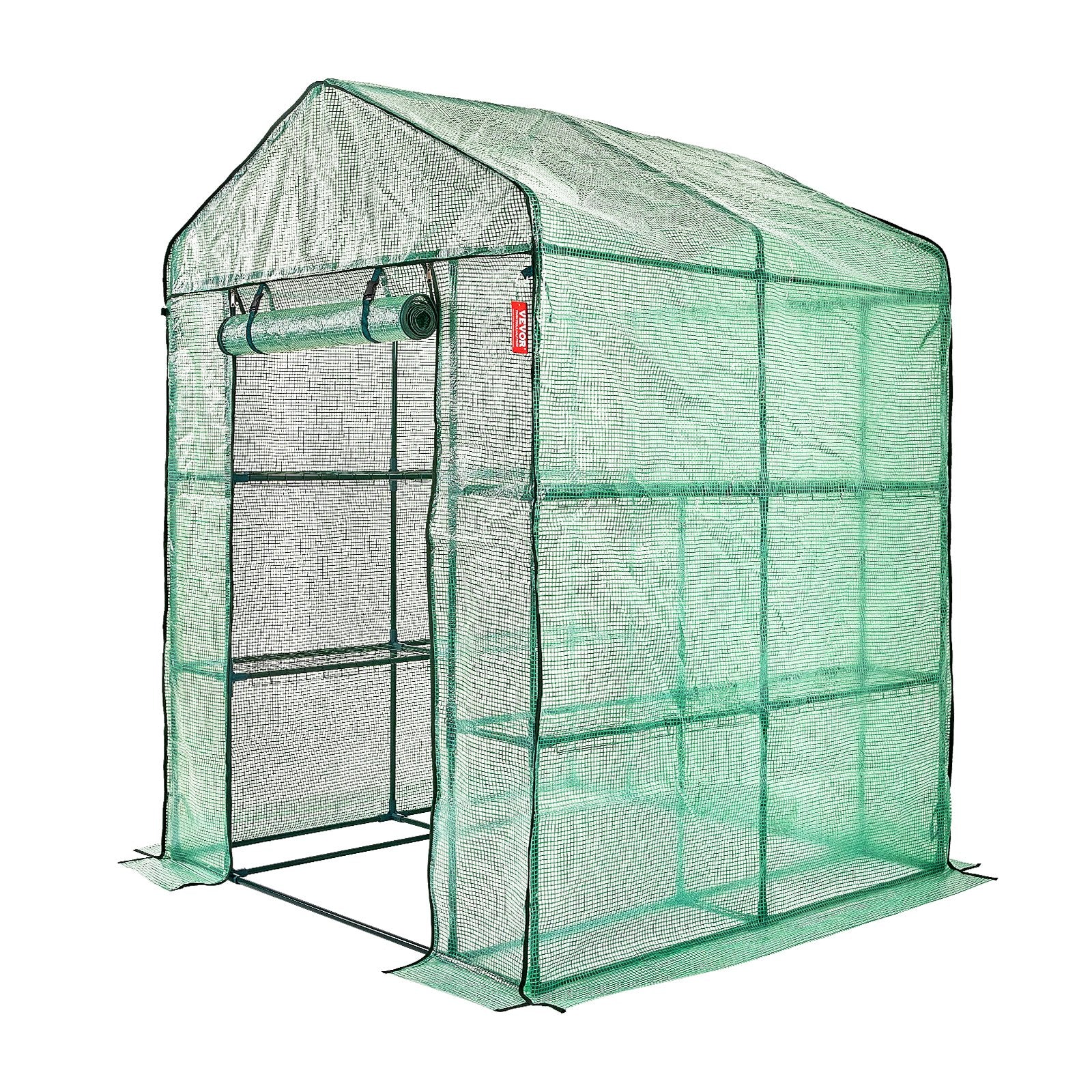 Greenhouse Walk-in with Shelves PE Cover Steel Frame Doors Windows Easy Setup
