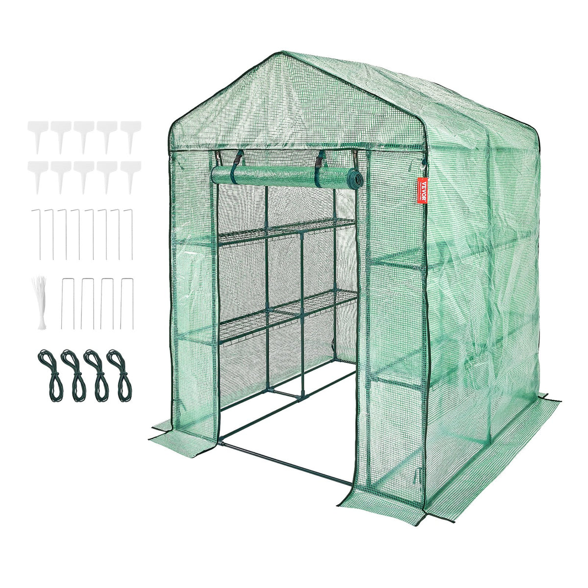 Greenhouse Walk-in with Shelves PE Cover Steel Frame Doors Windows Easy Setup