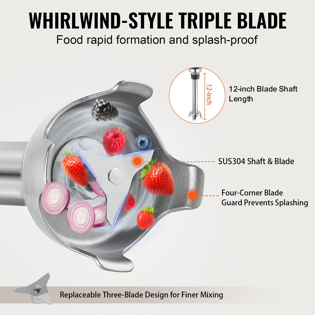 Commercial Immersion Blender 350W 12" Hand Mixer Variable Speed Stainless Blade