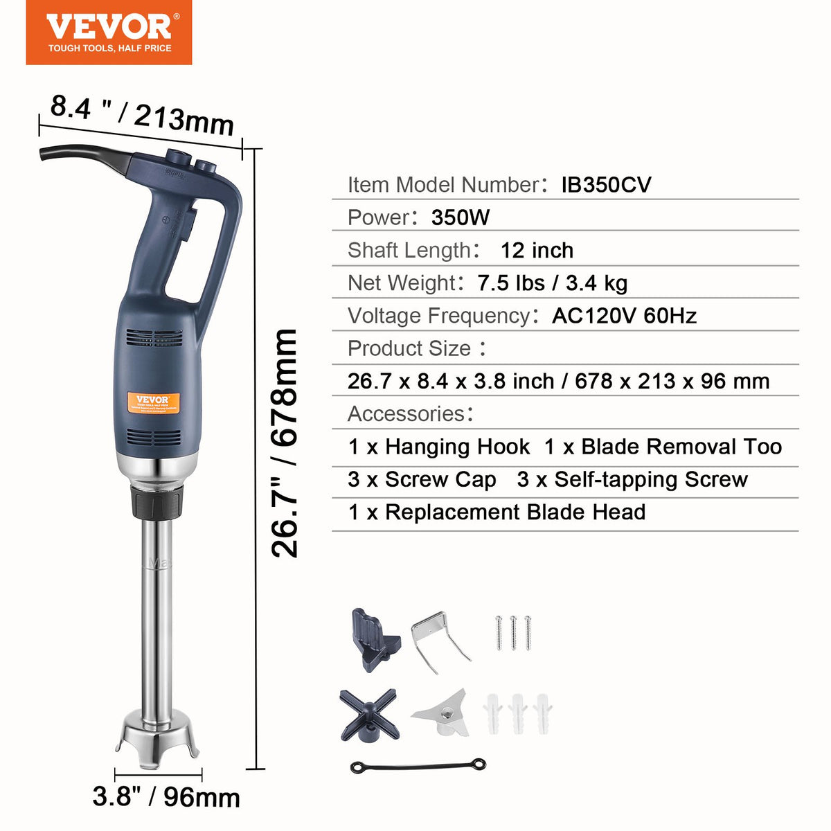 Commercial Immersion Blender 350W 12" Hand Mixer Variable Speed Stainless Blade