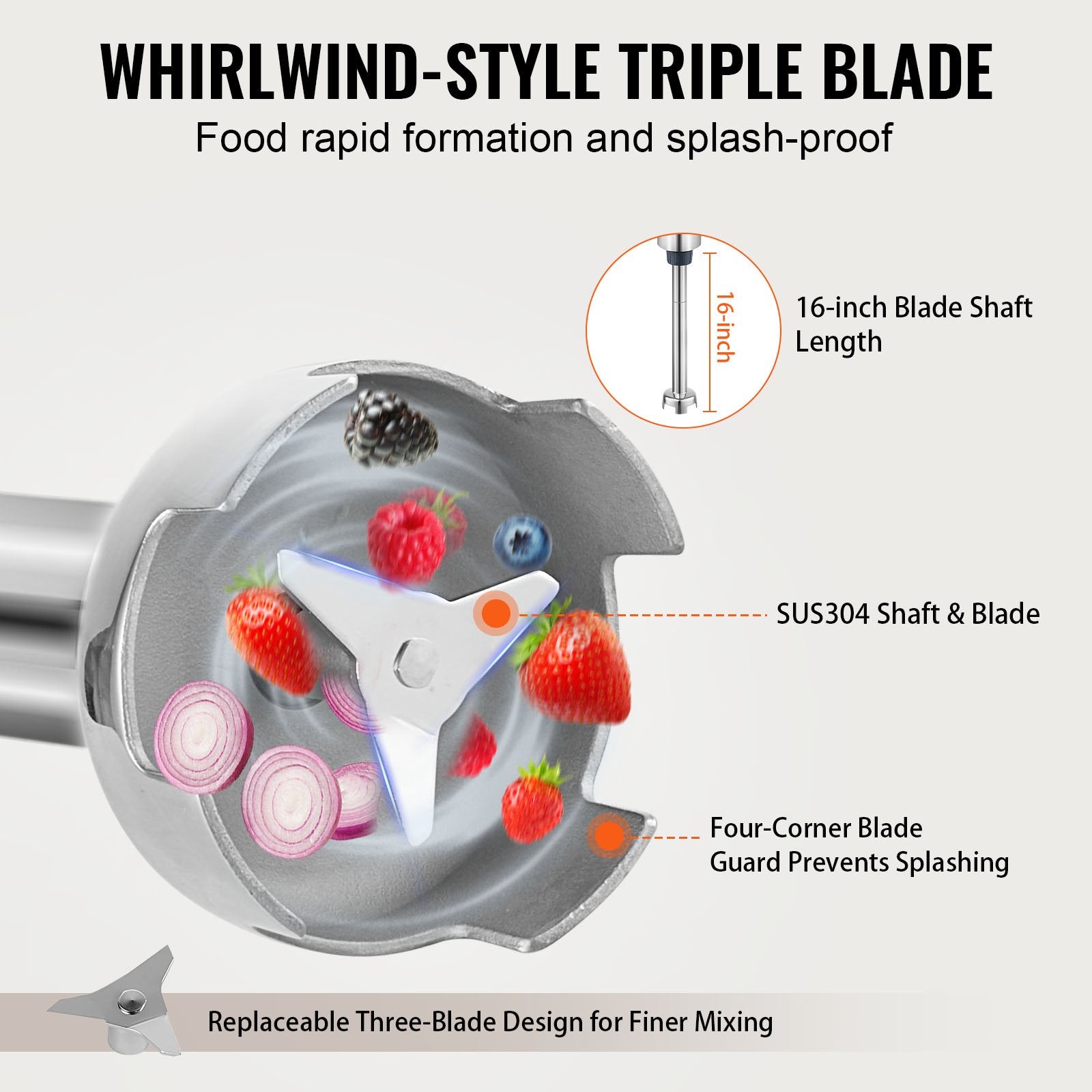 Commercial Immersion Blender 500W 16" Hand Mixer Variable Speed Stainless Blade