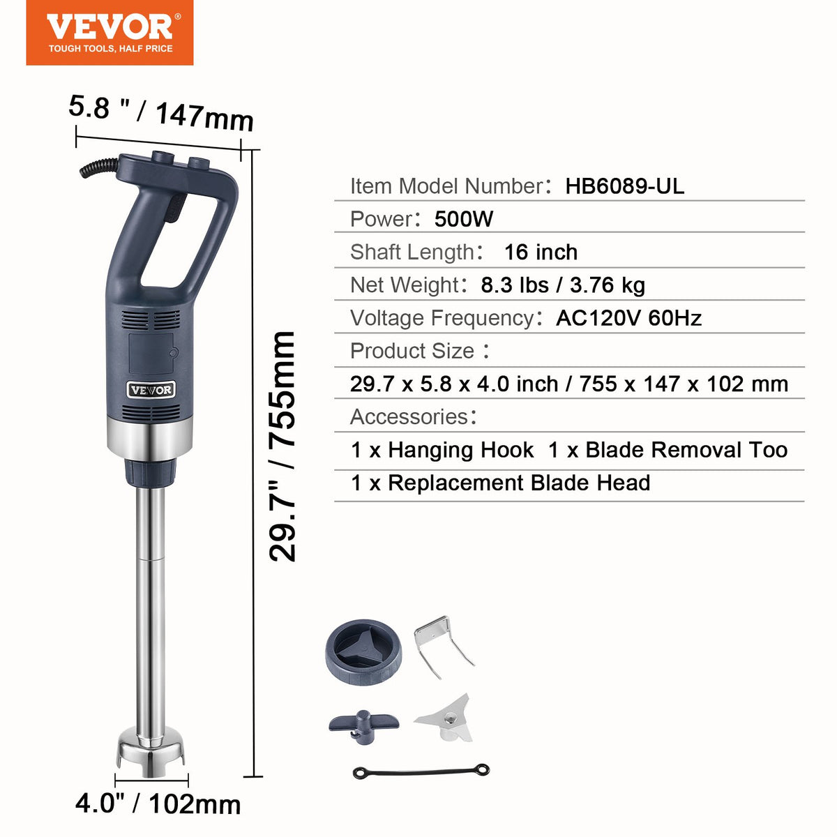 Commercial Immersion Blender 500W 16" Hand Mixer Variable Speed Stainless Blade