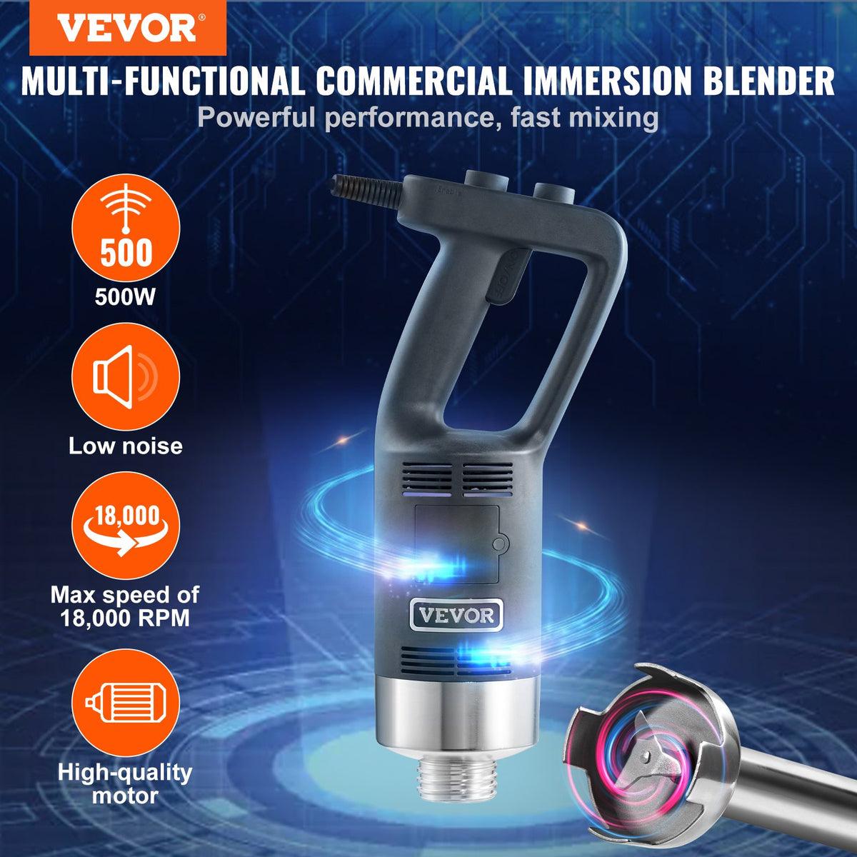 Commercial Immersion Blender 500W Variable Speed Hand Mixer 304 Stainless Blade