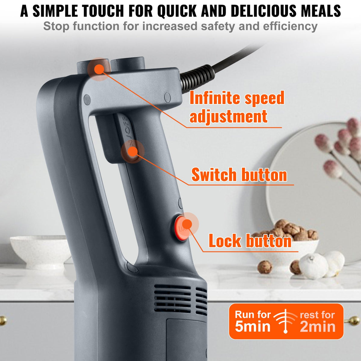 Commercial Immersion Blender 500W Variable Speed Hand Mixer 304 Stainless Blade