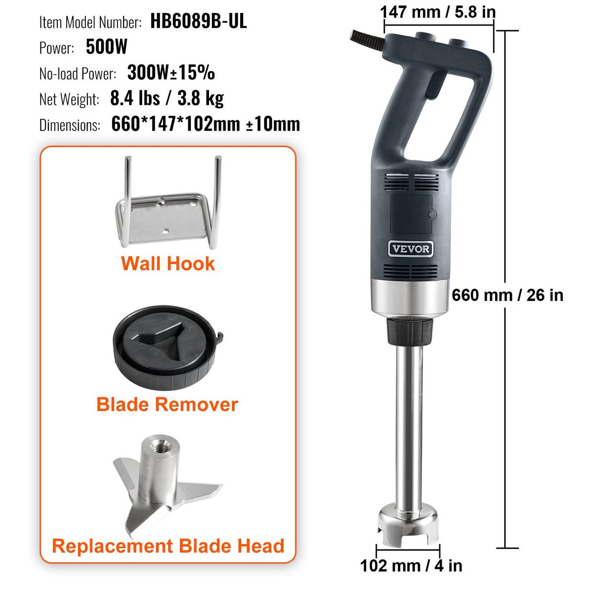 Commercial Immersion Blender 500W Variable Speed Hand Mixer 304 Stainless Blade