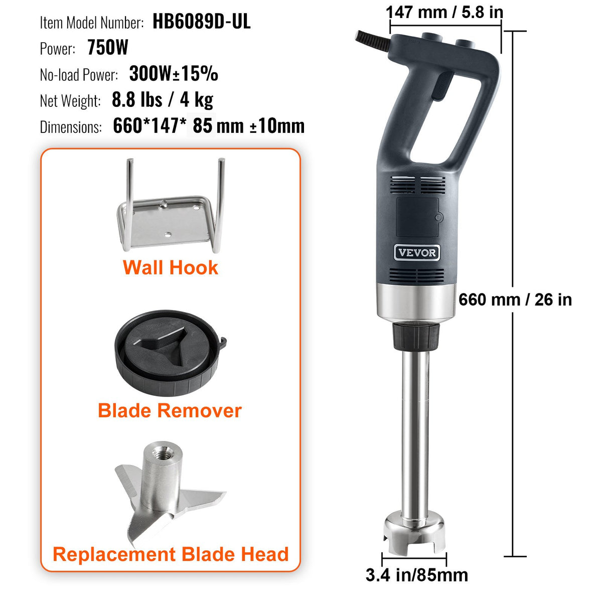 Commercial Immersion Blender 750W 12" Variable Speed Hand Mixer 304 Stainless