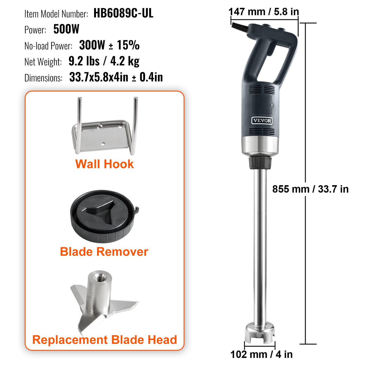 Professional Stick Blender 500W Adjustable Speed Hand Mixer with Stainless Blade