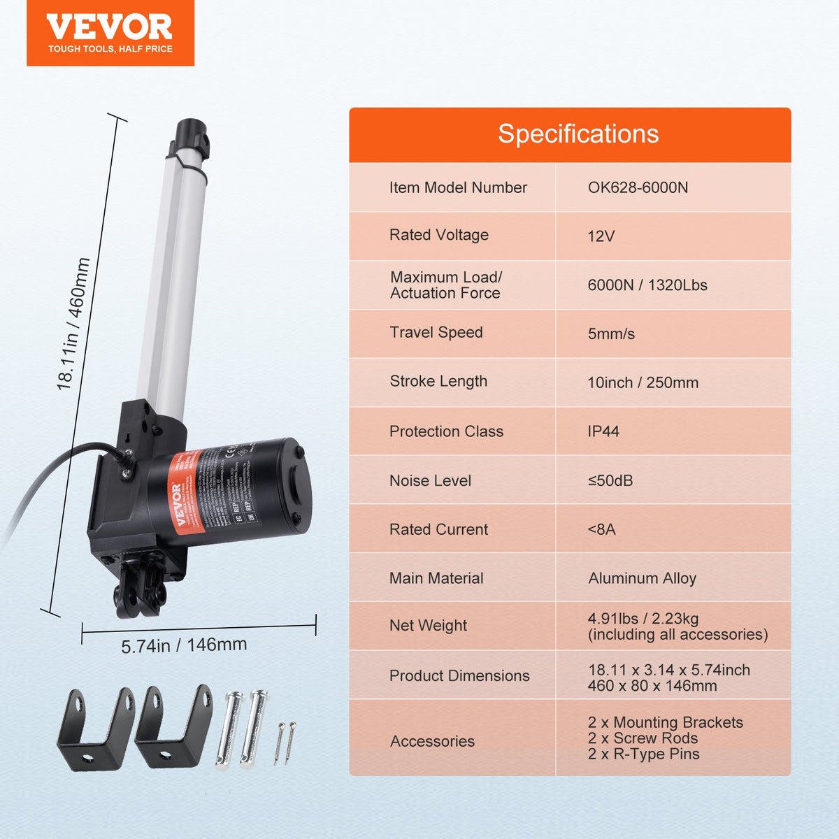 Linear Actuator 12V 10" 1320lbs/6000N 0.19"/s with Mounting Bracket IP44