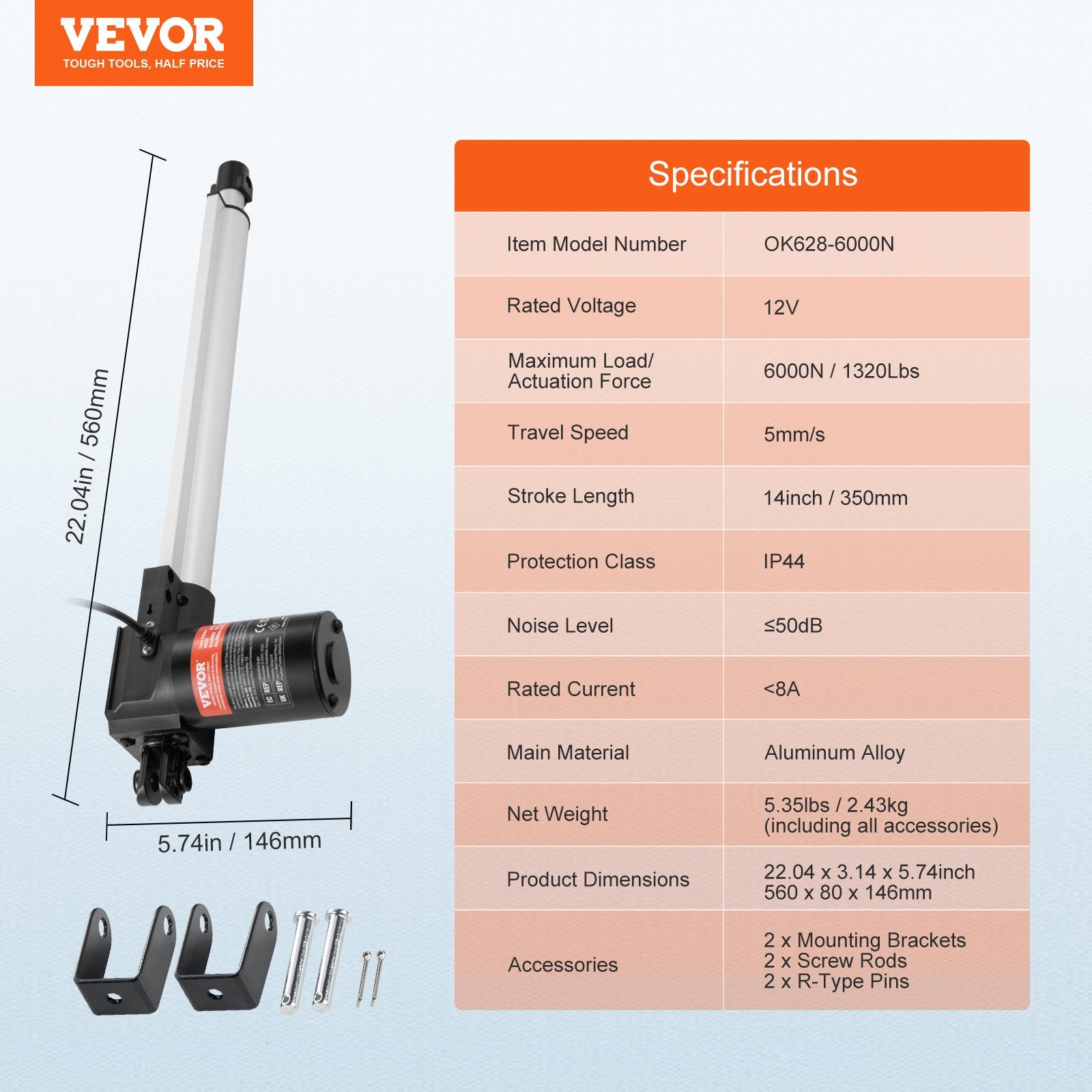 12V Linear Actuator 14 Inch Heavy Duty 6000N with Bracket IP44