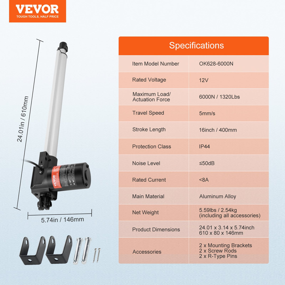 Linear Actuator 12V 16" 1320lbs/6000N 0.19"/s with Mounting Bracket IP44