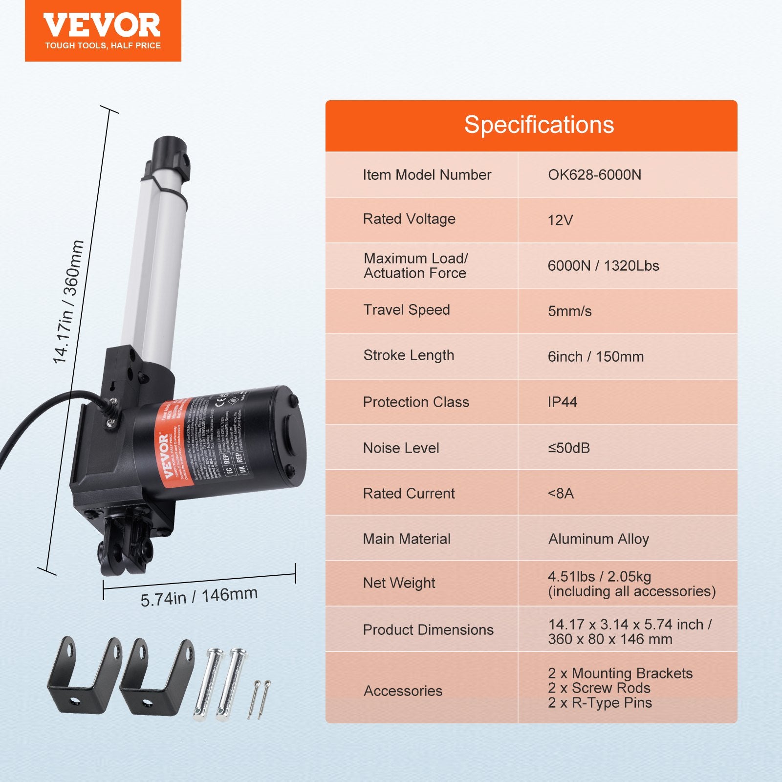 12V Heavy Duty 6 Inch Linear Actuator 1320lbs with Mounting Bracket