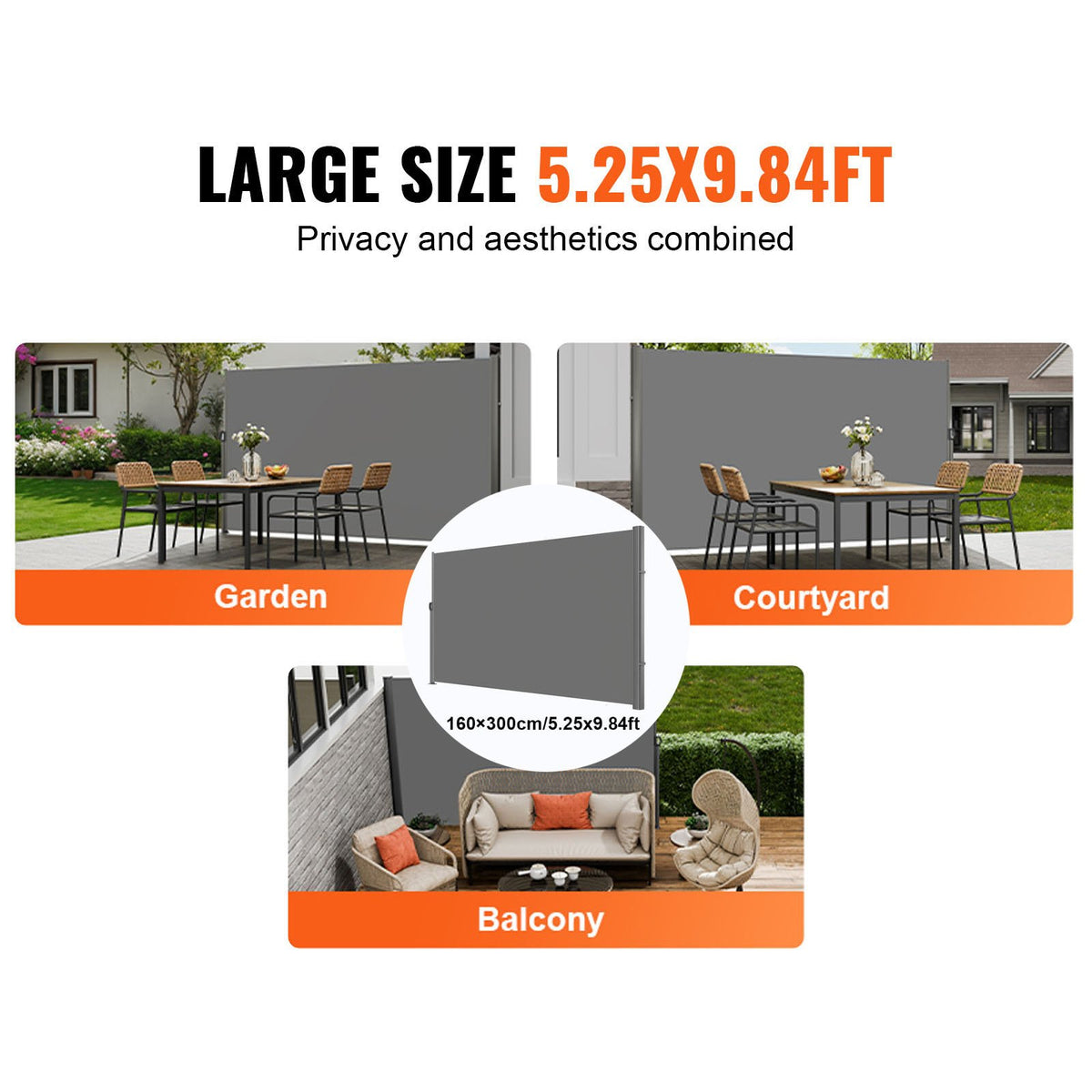 Retractable Side Awning 160x300cm Aluminum Outdoor Privacy Screen Gray