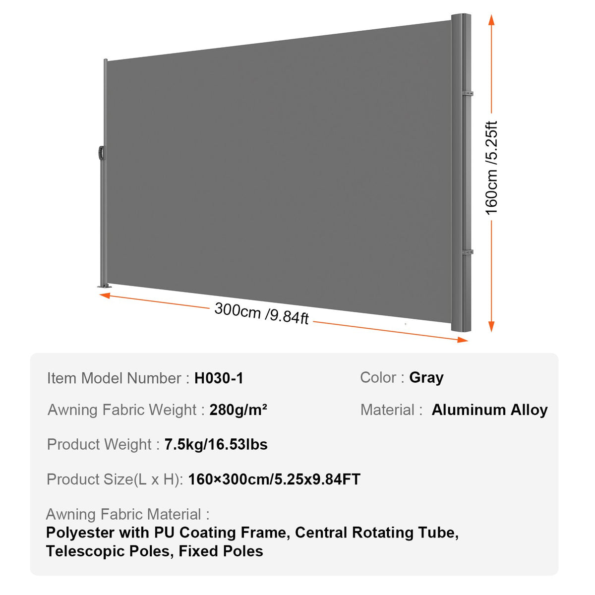Retractable Side Awning 160x300cm Aluminum Outdoor Privacy Screen Gray