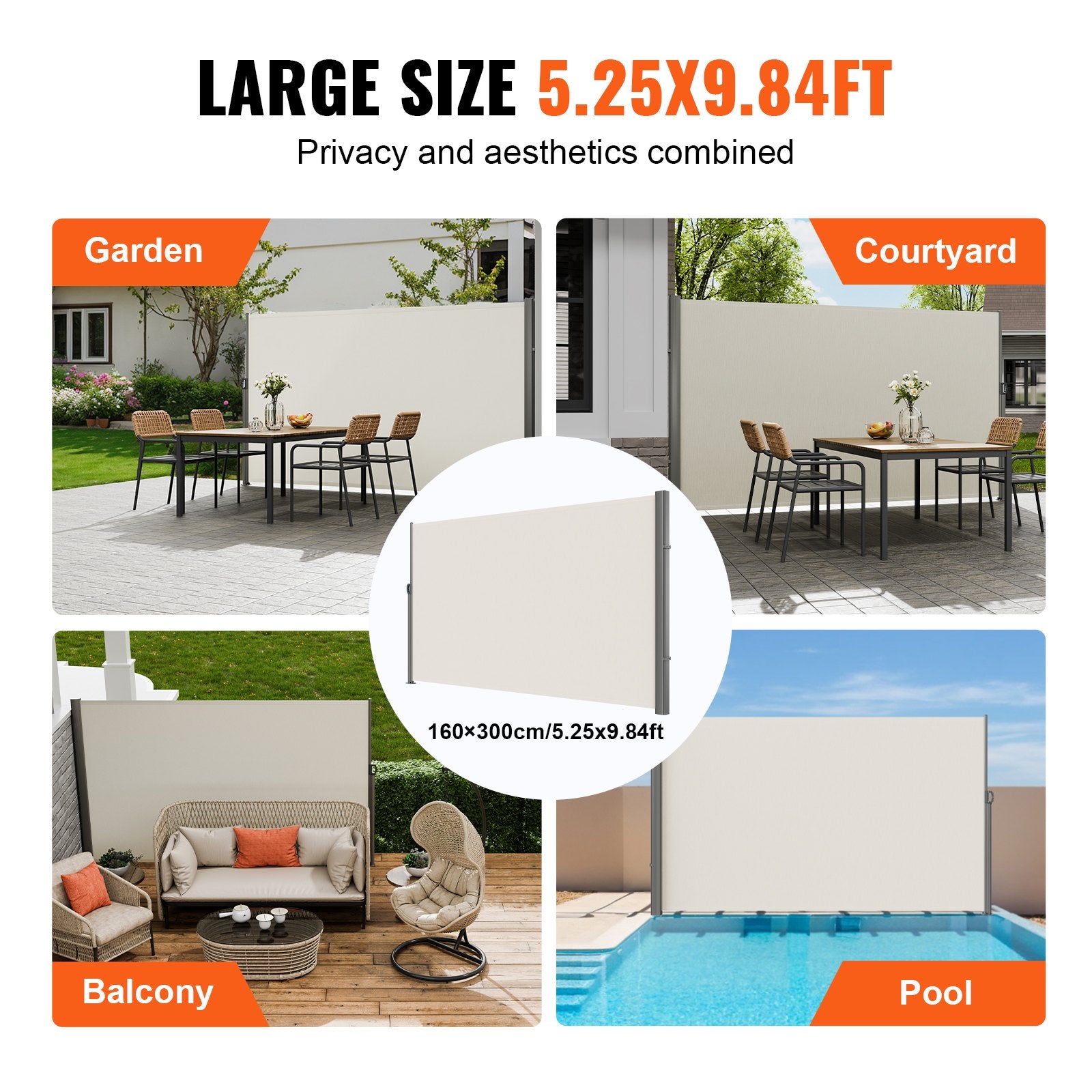 Retractable Side Awning 160x300cm Aluminum Outdoor Privacy Screen Beige