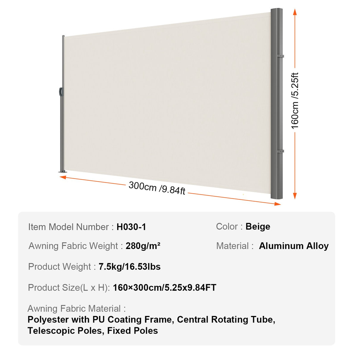 Retractable Side Awning 160x300cm Aluminum Outdoor Privacy Screen Beige