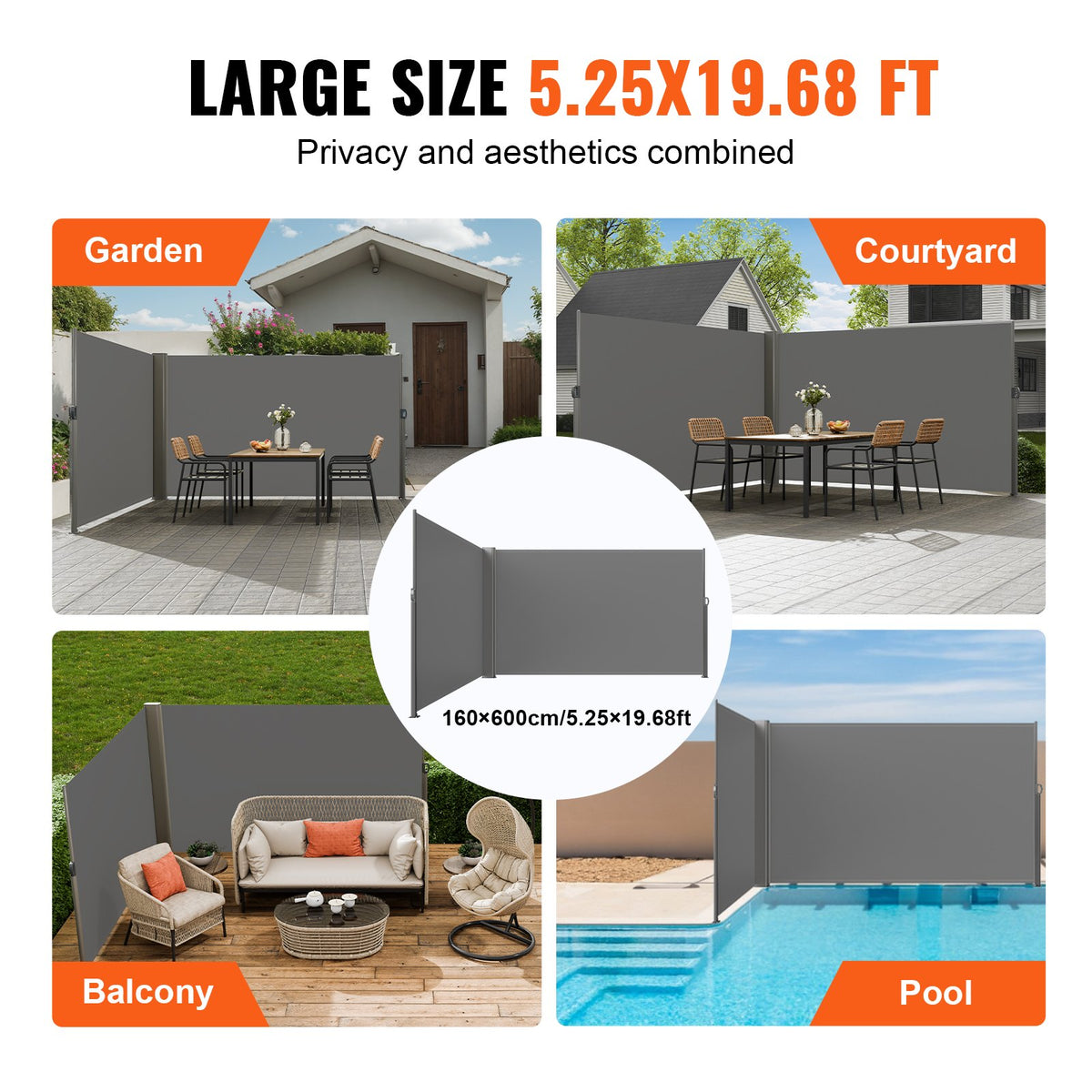 Retractable Side Awning 160x600cm Aluminum Outdoor Privacy Screen Gray