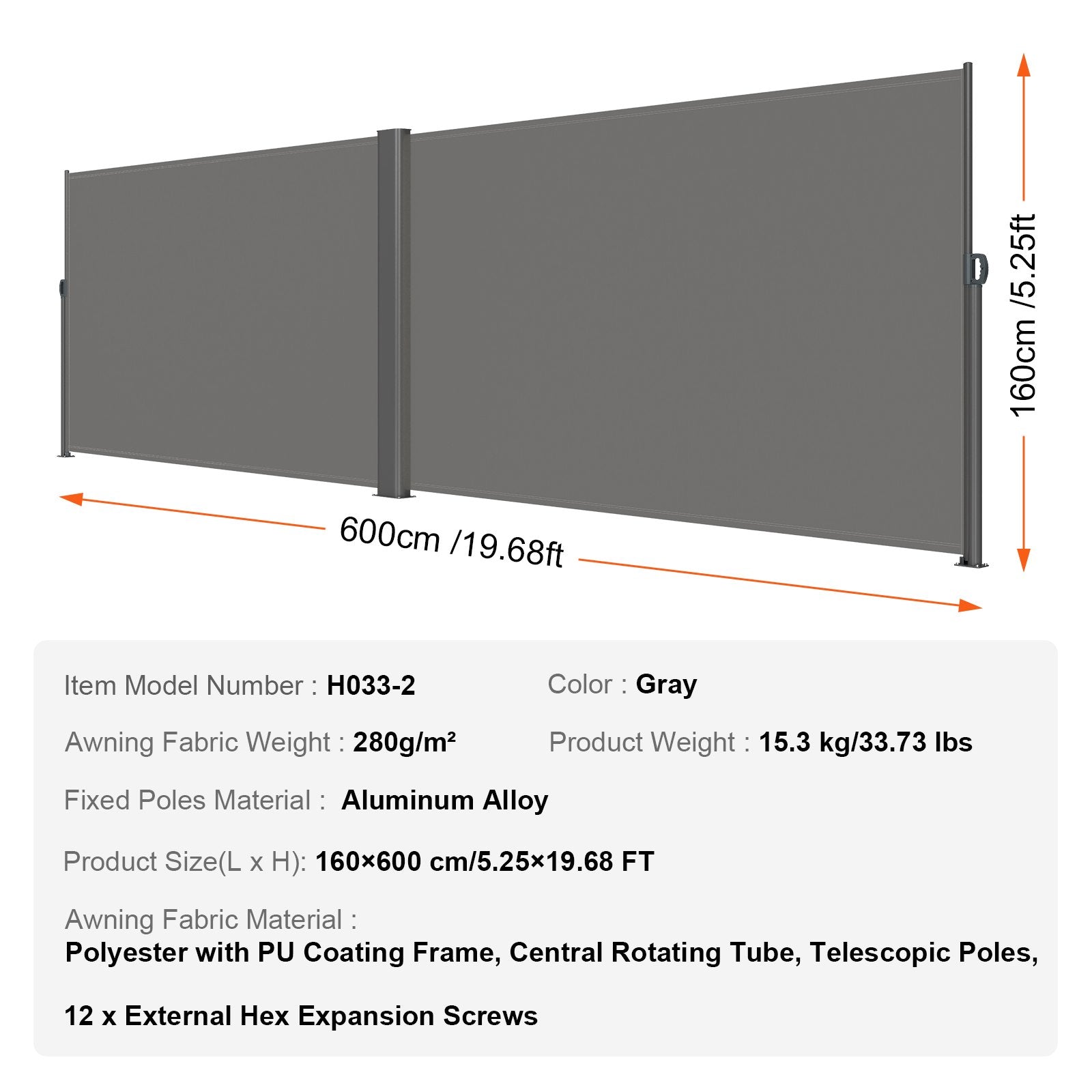 Retractable Side Awning 160x600cm Aluminum Outdoor Privacy Screen Gray