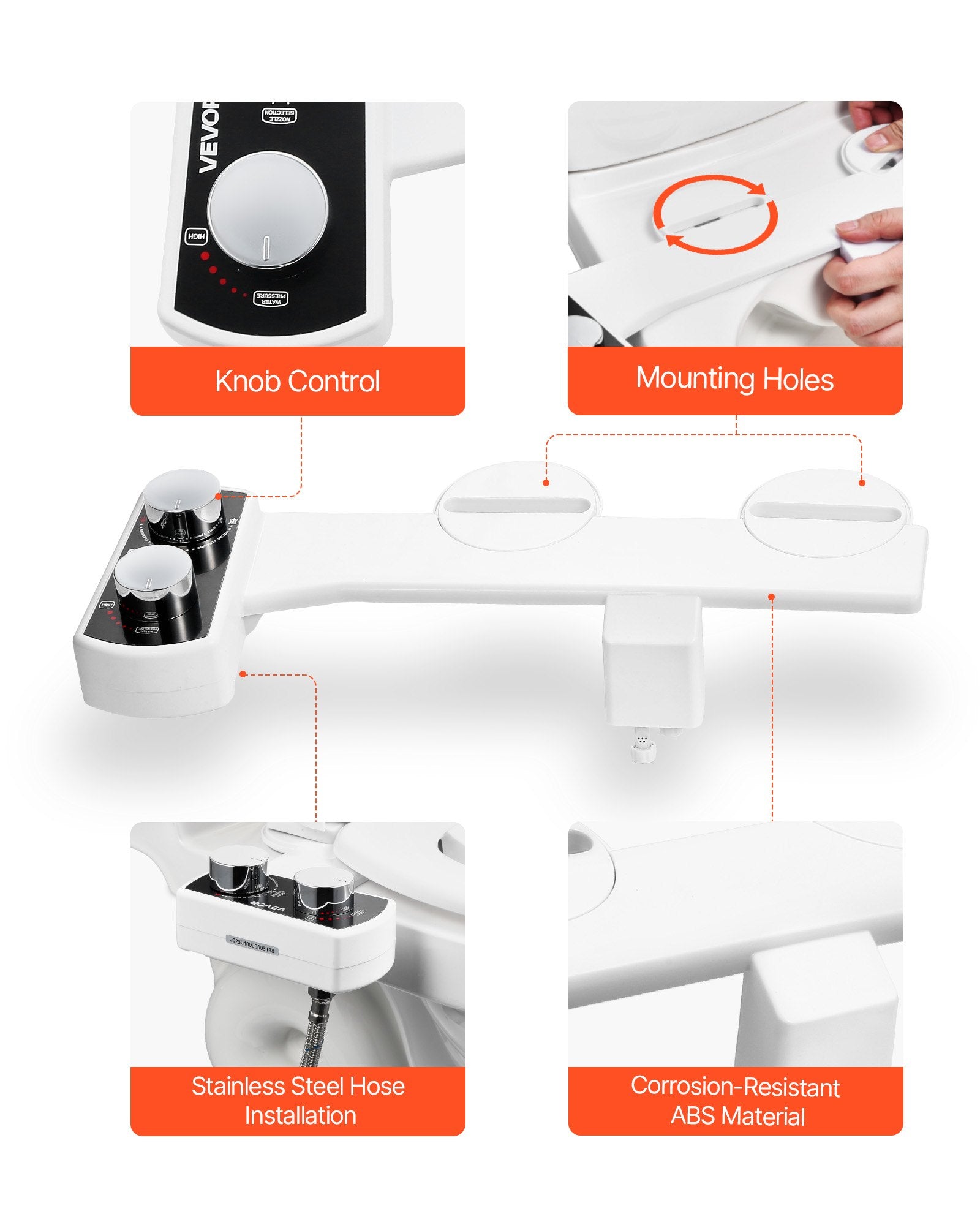 Bidet Attachment for Toilet Non-Electric Dual Nozzles Adjustable Water Pressure White