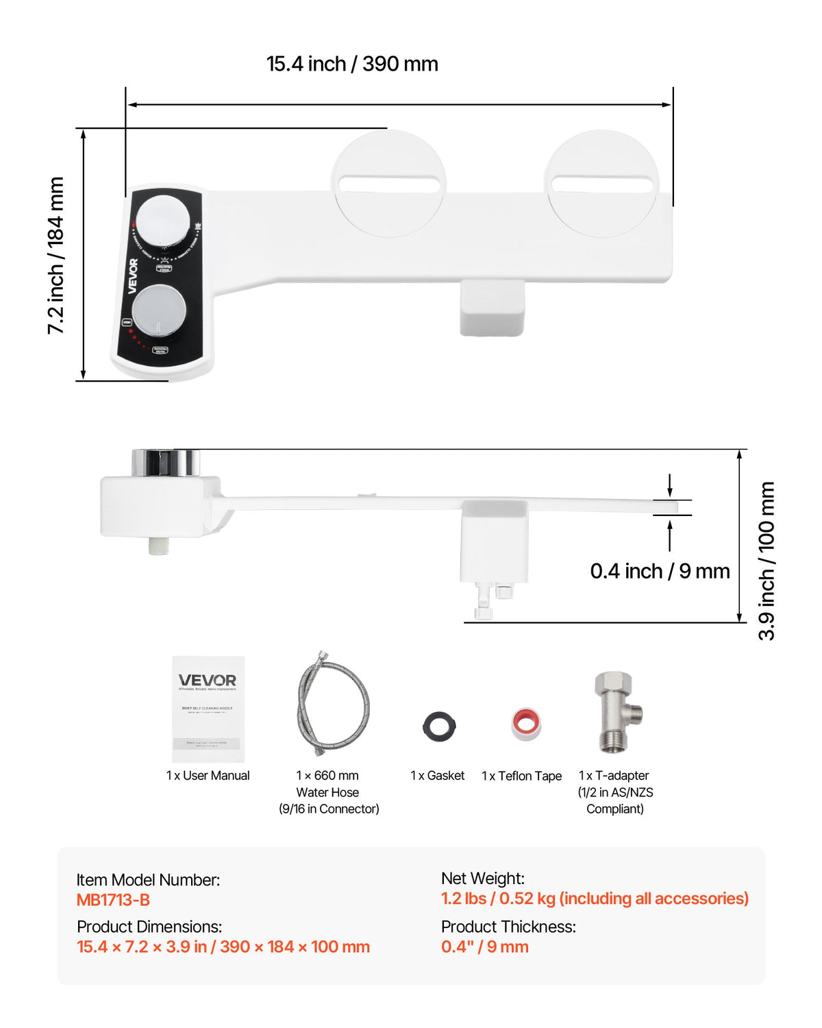Bidet Attachment for Toilet Non-Electric Dual Nozzles Adjustable Water Pressure White