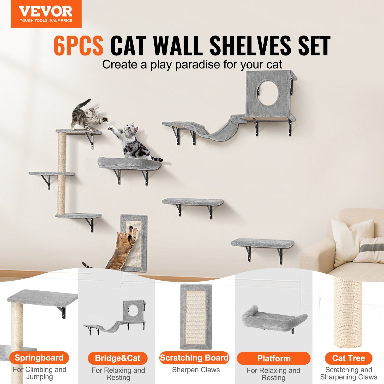 Wall Mounted Cat Shelve with Hammock Jump Boards Sofa Cat Tree 6PCS Up to 40 lbs