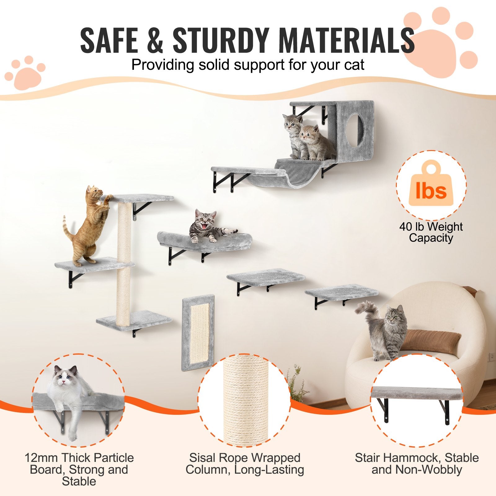 Wall Mounted Cat Shelve with Hammock Jump Boards Sofa Cat Tree 6PCS Up to 40 lbs