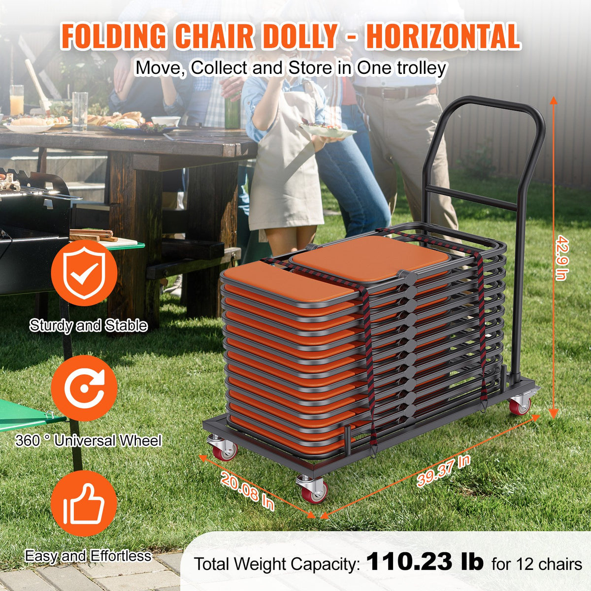 Folding Dolly Iron Commercial Cart 12 Chair Capacity with 4 Casters Black